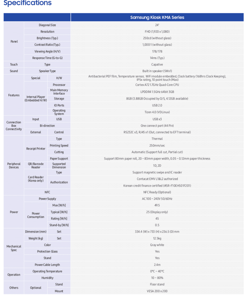 Samsung kiosk specifications