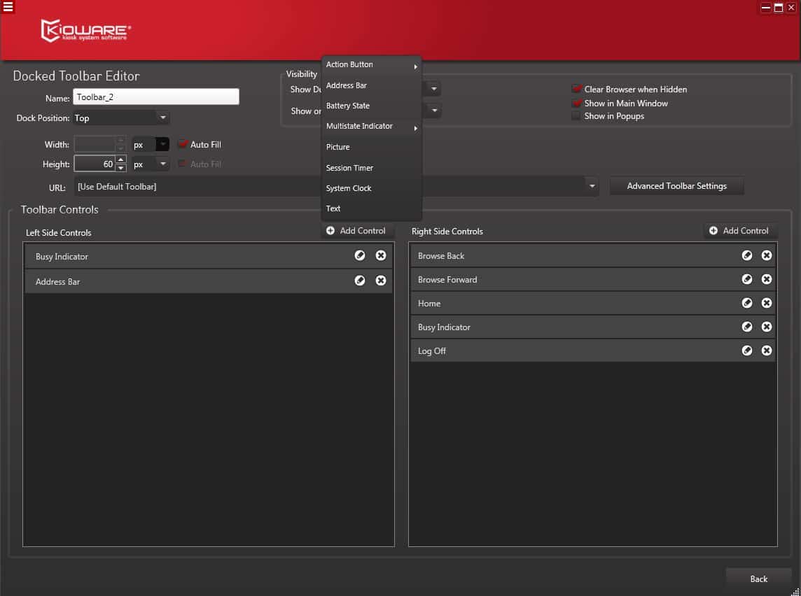 Screenshot of the KioWare Docked Toolbar Editor interface, a powerful kiosk software tool. It displays options to customize toolbar settings, including visibility, orientation, and controls for functionalities like browsing forward and back, home, and log off.
