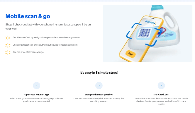 walmart scan and go - A phone scans a barcode on a product bottle with the Walmart logo, showcasing the scan and go checkout feature. Three steps below guide users to open the app, scan items while shopping, and tap Check out.