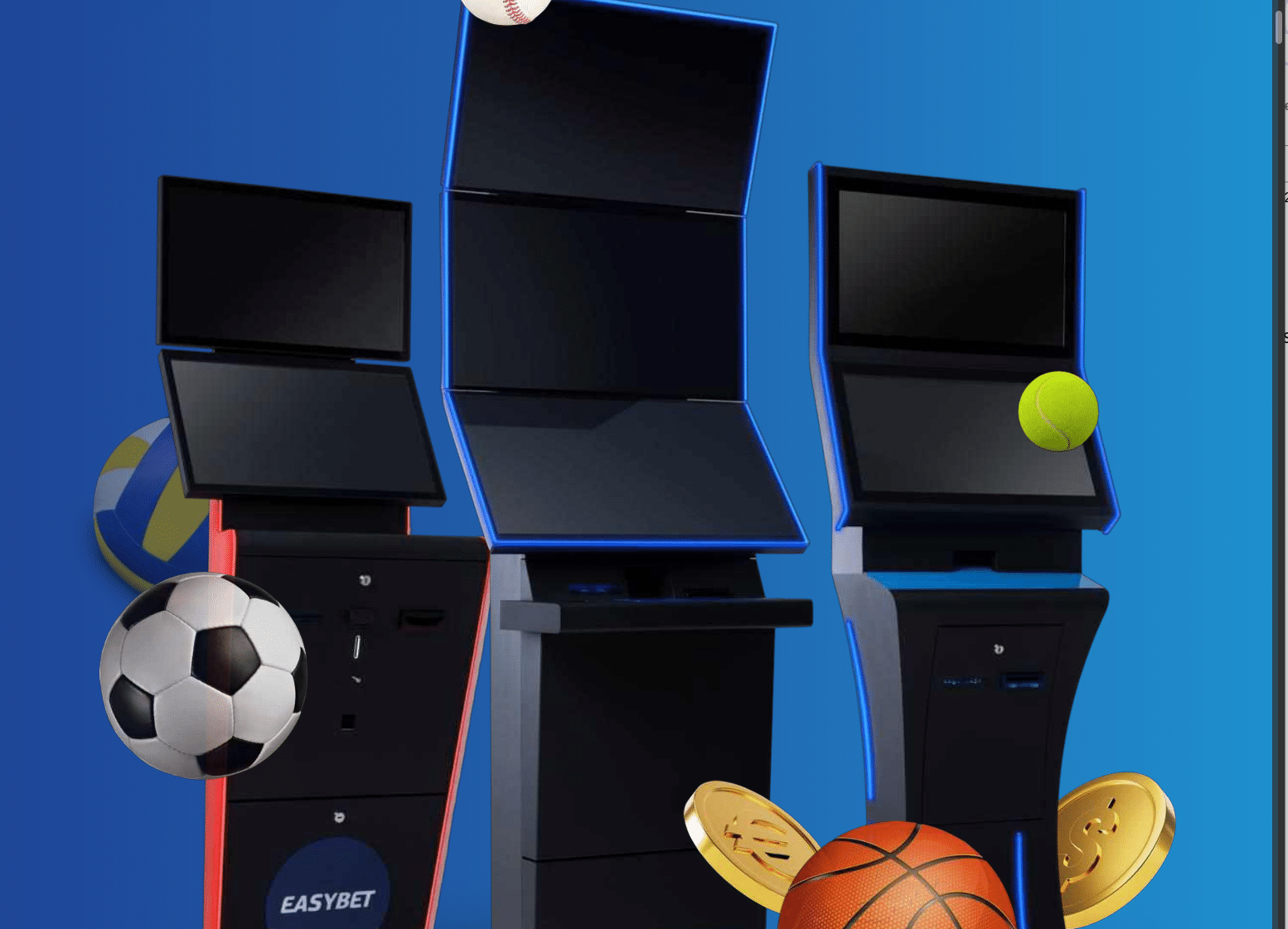Three digital sports betting kiosks with blank screens stand side by side on a blue background, surrounded by floating sports balls (soccer, basketball, tennis, volleyball, baseball) and gold coins.