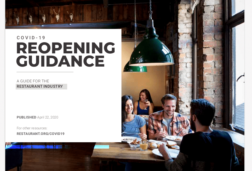 A group of people dining around a wooden table in a cozy restaurant. Above them, green hanging lights cast a warm glow. On the left, a white panel displays Restaurant Reopening Guidance, outlining important details about COVID-19 guidelines for the industry.