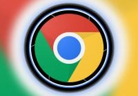 Abstract image of the Google Chrome logo inside a circular frame, reminiscent of kiosk software design, featuring a central blue disk surrounded by red, green, and yellow segments with a glowing effect emanating from the circle.