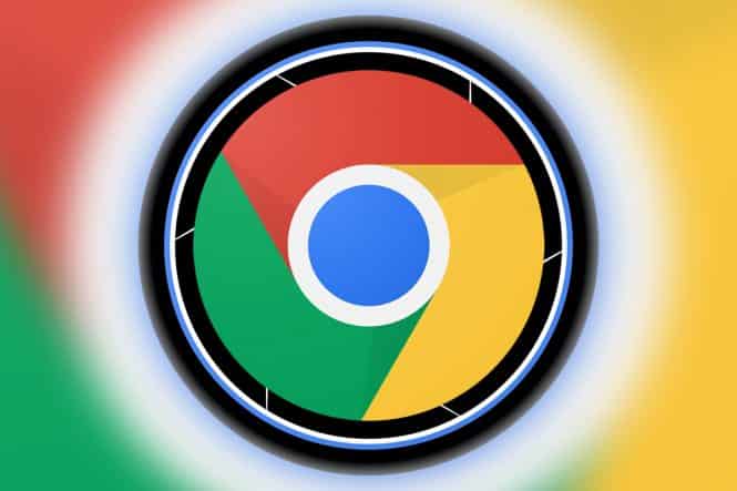 Abstract image of the Google Chrome logo inside a circular frame, reminiscent of kiosk software design, featuring a central blue disk surrounded by red, green, and yellow segments with a glowing effect emanating from the circle.