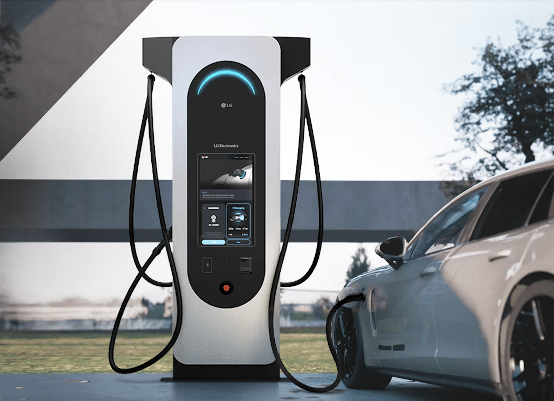 A modern EV charging station with a sleek design and digital display is connected to a white car. Situated outdoors with trees in the background, this station, akin to vital healthcare for vehicles, features multiple charging cables for efficient energy replenishment.