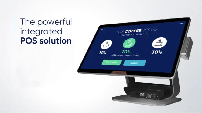 A sleek CX9000 AIO POS terminal displaying a coffee shop loyalty program interface. The screen offers discount options of 10%, 20%, and 30% off for next purchases. Text reads, The powerful integrated POS solution.