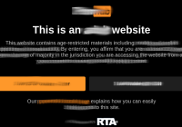 A blurred warning page from an age-restricted website displays, hinting at explicit content like a pornvideo. It prompts the user to confirm theyre of legal age to access the content, offering options to enter or exit and additional blurred text concerning access terms.