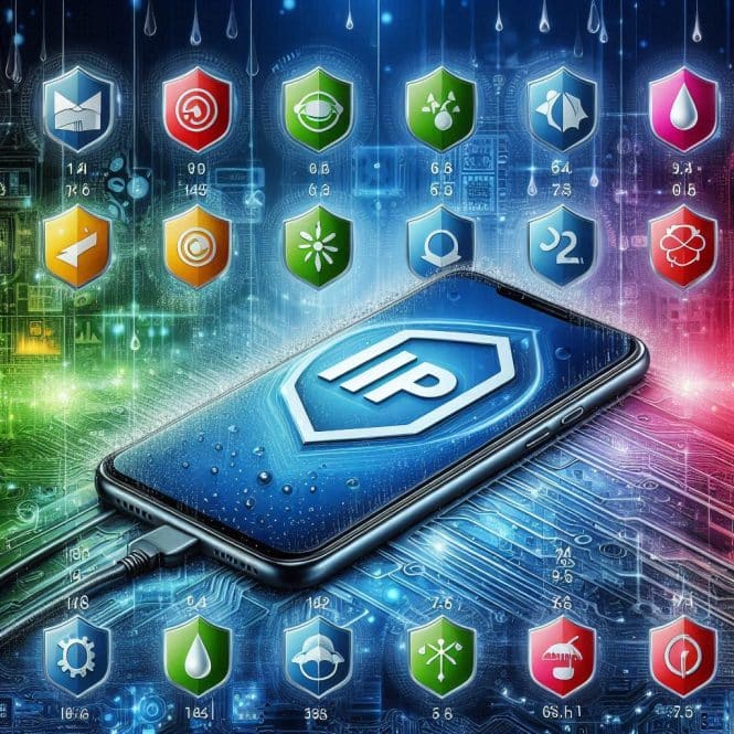 IP Ratings A smartphone with a digital IP logo on its screen rests on a circuit board, boasting vibrant shield icons that signify water resistance and outdoor display capabilities. The backdrop merges blue, green, and red lights, highlighting the devices impressive specification symbols.