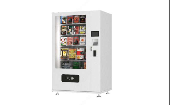 Book Vending Machine - A white vending machine, reminiscent of book vending machines with its inviting allure, stands against a plain background. It features a glass front showcasing various snacks and drinks, alongside a payment interface and a large PUSH button at the bottom.