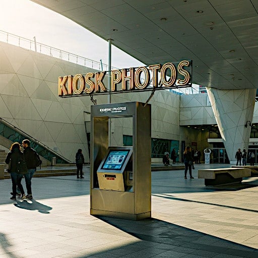 kiosk photos - A sleek public area showcases a modern kiosk labeled Kiosk Photos with a digital interface. The sun casts long shadows on the open space as people stroll by, and a contemporary building with geometric shapes stands in the background, resembling an avant-garde gallery.