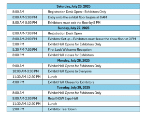 RSPA Join the Kiosk Association event from July 26-29, 2025. The schedule features registration, exhibit hall hours, and a welcome reception. Detailed timings are provided daily for exhibitors and attendees of the RSPA expo.