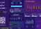 A digital dashboard displays product information, charts, and graphs. It features 22Miles hardware compatibility, BrightSign devices, a QR code, a weather/time panel, and analytics on players, visitors, and sales—all on a purple-themed interface.