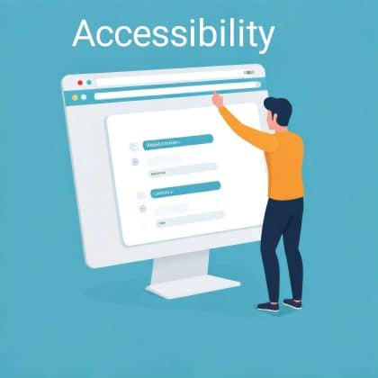 Accessibility -- Illustration of a person standing in front of a large computer screen with chat bubbles, reaching up to interact with the display. The word Accessibility is written at the top, highlighting inclusive Web Services against a blue background.