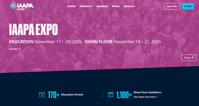 IAAPA trade show Screenshot of IAAPA Expo webpage with event dates: Education November 17–20, 2025, Show Floor November 18–21, 2025 in Orlando, FL. Includes stats: 170+ education events and 1,100+ show floor exhibitors.