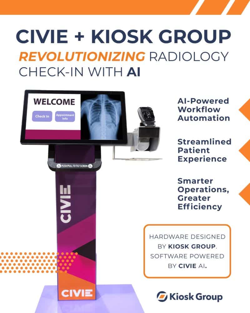 Discover the future of medical visits with CIVIE + Kiosk Groups AI-driven radiology check-in kiosk. Seamlessly automate the check-in process with a dynamic screen showing X-rays and patient options, revolutionizing efficiency and creating a streamlined healthcare experience.