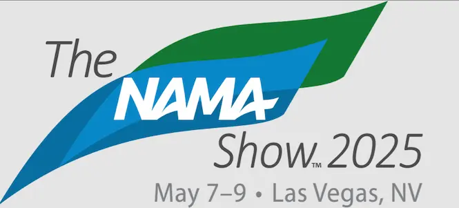 Logo for The NAMA Show 2025, showcasing stylized blue and green leaves, embodies the spirit of innovation in vending. Text reads The NAMA Show 2025 with event dates May 7-9 and location Las Vegas, NV.