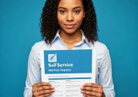 A woman with curly hair wearing a light blue shirt stands against a blue background, holding up a paper titled Self Service Market Research 2025 with text and graphics visible on the sheet, highlighting insights from Research and Markets.