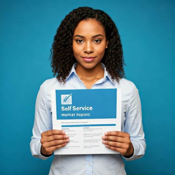 A woman with curly hair wearing a light blue shirt stands against a blue background, holding up a paper titled Self Service Market Research 2025 with text and graphics visible on the sheet, highlighting insights from Research and Markets.