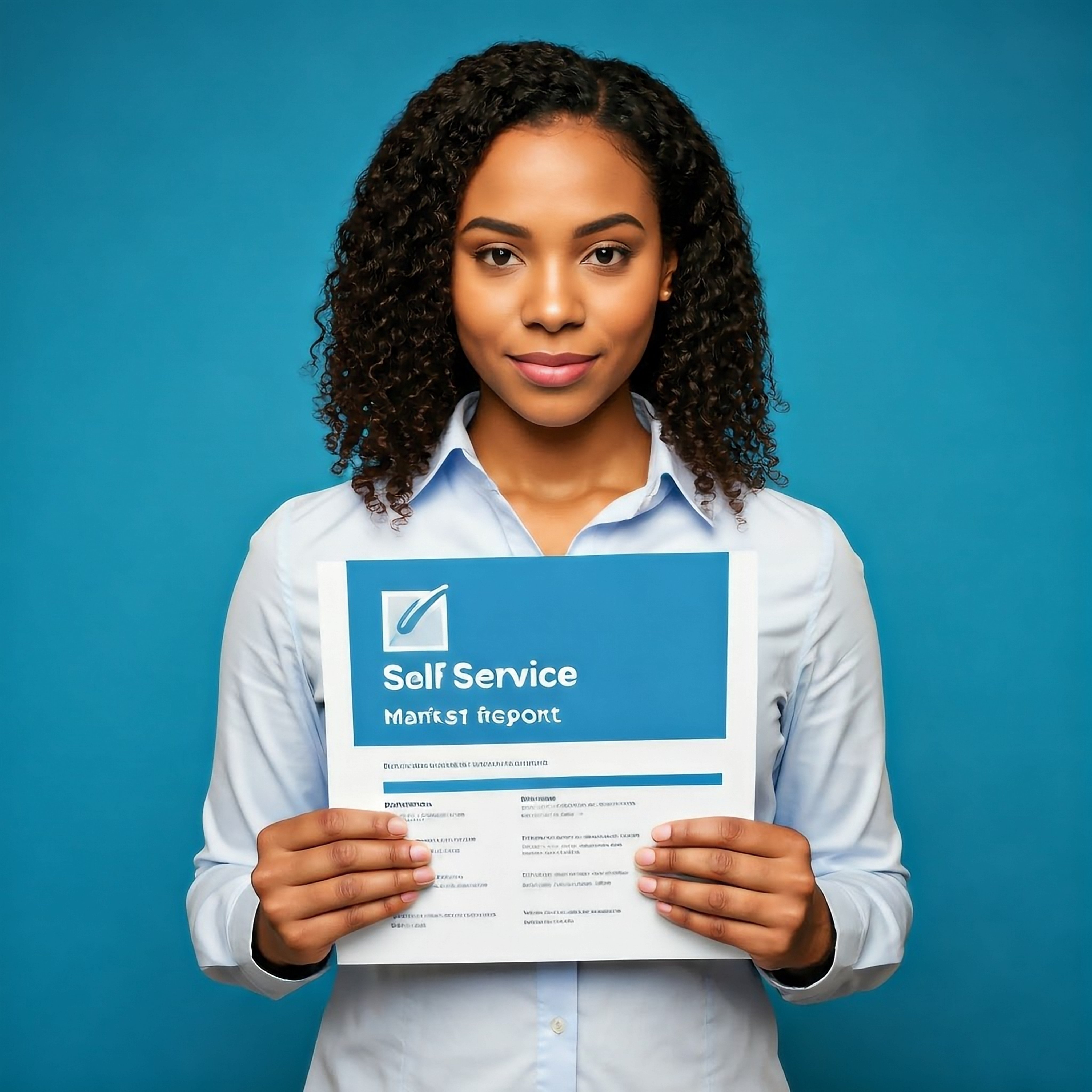 A woman with curly hair wearing a light blue shirt stands against a blue background, holding up a paper titled Self Service Market Research 2025 with text and graphics visible on the sheet, highlighting insights from Research and Markets.