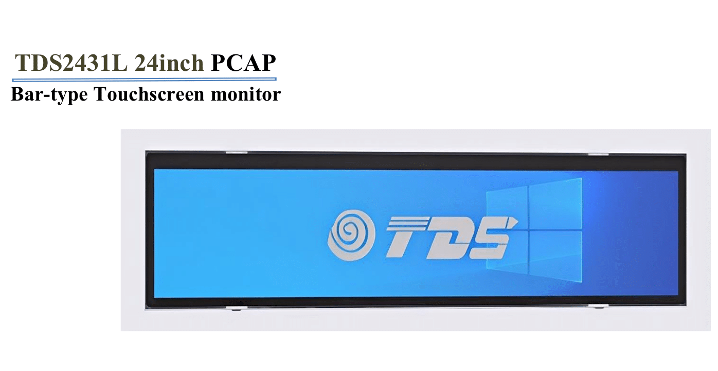 A wide, rectangular 16x3 Horizontal 24 Inch Bar Touchscreen monitor displays the TDS logo and Windows background. The text above reads: TDS2431L 24inch PCAP Bar-type Touchscreen monitor. Contact us for a Price Quote.