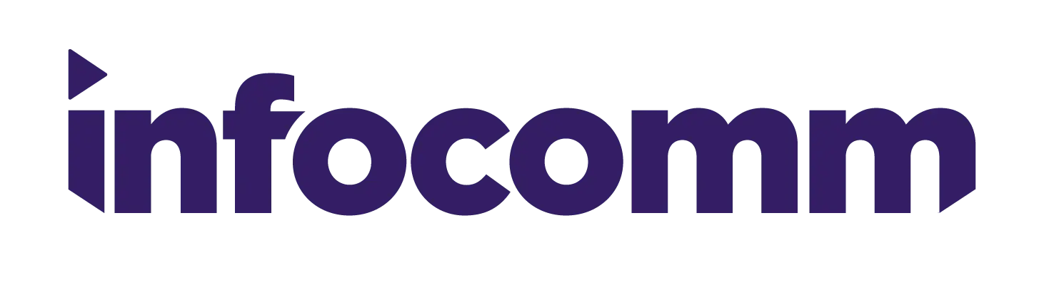 Logo with the word infocomm in bold, lowercase, dark purple letters. The dot of the i is represented by a small triangular shape, reflecting innovation found in modern kiosk machine designs.