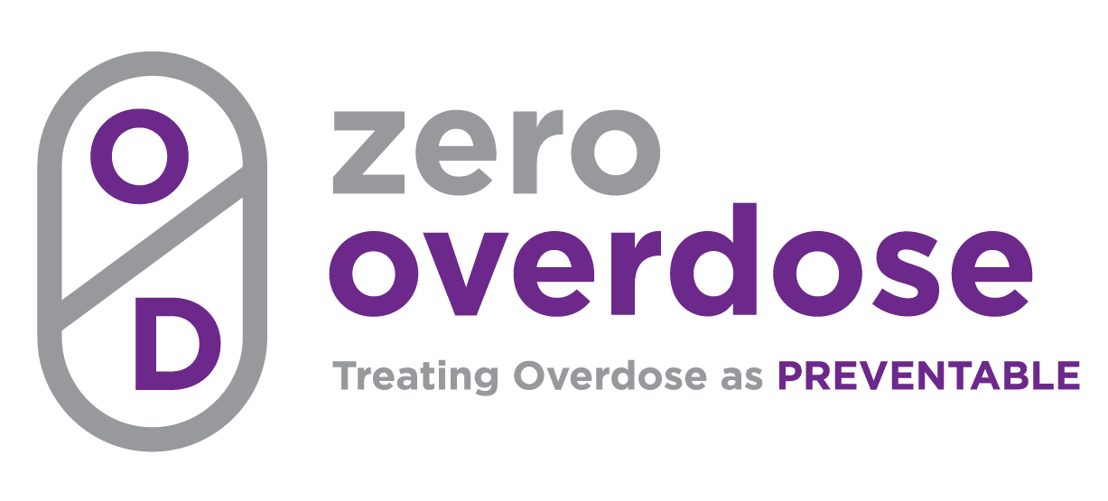 Logo featuring a capsule with the letters O and D, and the text zero overdose: Treating Overdose as PREVENTABLE, with overdose and PREVENTABLE in purple—highlighting our mission of saving lives through prevention.