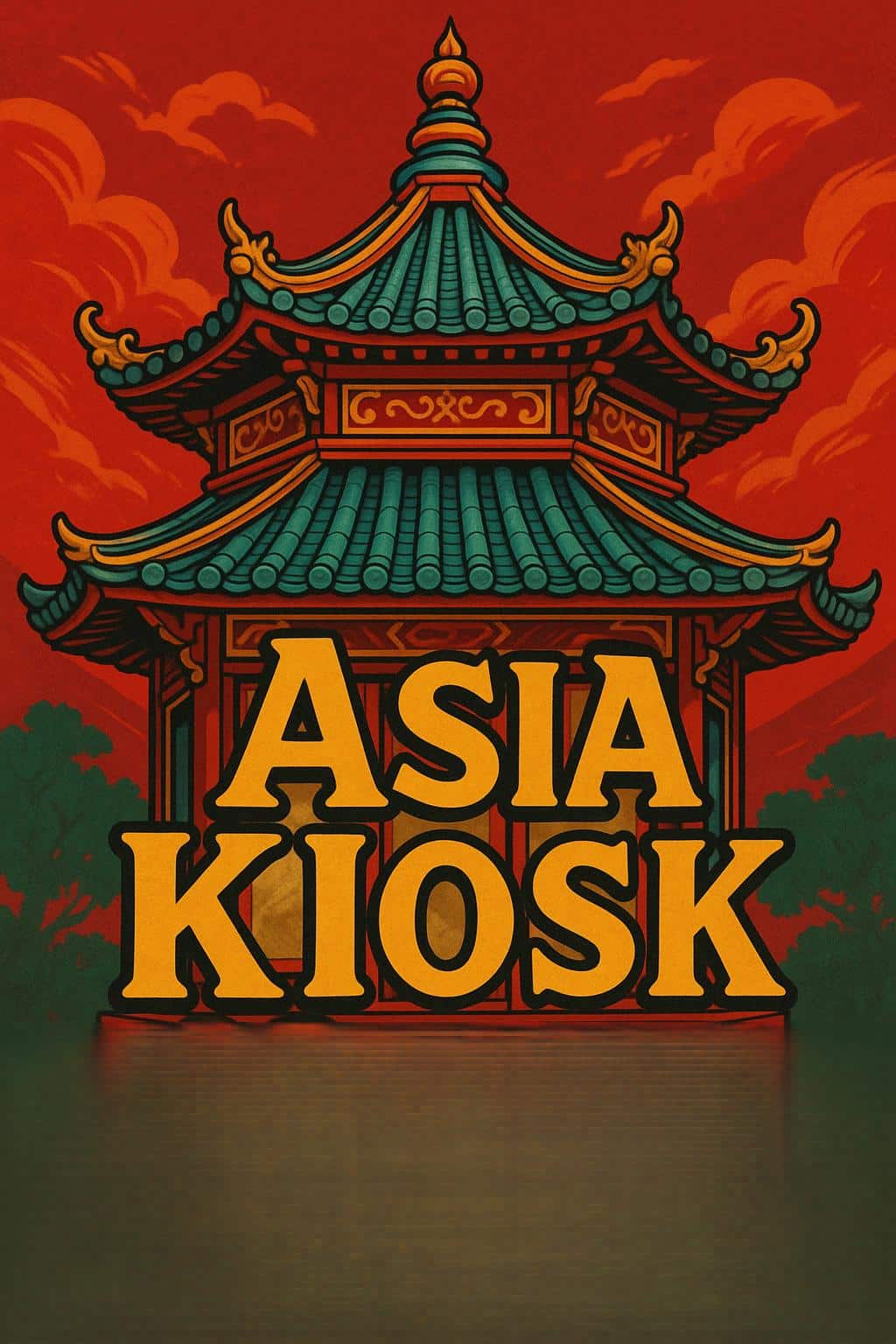 Illustration of a traditional Asian pagoda with teal roof tiles and ornate details against a red sky, featuring large yellow text reading ASIA KIOSK—perfect for highlighting the latest Asia News or updates from Kiosk News.
