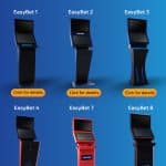 Six different sports betting kiosk machines labeled EasyBet 1, 2, 3, 4, 7, and 8 are displayed on a blue background with the EASYBET logo at the top and “Click for details” buttons below each easypay machine.