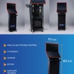 The sports betting kiosk easypay features a user-friendly interface, two screens, scanner, printer, and banknote acceptor. It stands 183 cm tall, 63 cm wide, 46 cm deep, and weighs 90 kg—perfect for convenient self-service betting.