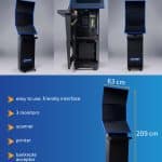 A black, freestanding sports betting kiosk with three monitors, a printer, scanner, and banknote acceptor. Dimensions are 209 cm tall, 63 cm wide, and 48 cm deep. EasyBet 10 and easypay branding are visible at the top.