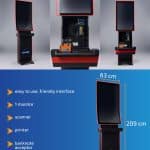 A tall, black and red sports betting kiosk easypay with a large touchscreen, scanner, printer, and banknote acceptor. Dimensions: 209 cm high, 63 cm wide, 51 cm deep; weighs 95 kg.