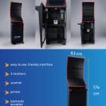 Three views of the EasyBet 12 sports betting kiosk: open and closed. This black and red EasyPay unit features three monitors, a scanner, printer, banknote acceptor, and measures 174x63x48 cm, weighing 95 kg.