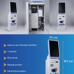 A self-service EasyPay sports betting kiosk is shown from multiple angles, highlighting features like a screen, ID scanner, receipt printer, and banknote acceptor. Dimensions are marked: 167 cm tall, 57 cm wide, 44 cm deep, and weighing 80 kg.