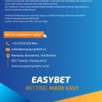 Promotional flyer for Easybet, a sports betting kiosk company. Featuring contact info, website, “Call for a quotation today!” button, and highlights on expertise and Romanian-made EasyPay machines. Blue and orange background.