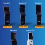 Five betting and payment kiosks, including the sports betting kiosk EasyBet 9 and easypay-enabled Cash In-Out, are displayed on a blue background with a Click for details button. The text EASYBET appears at the top.