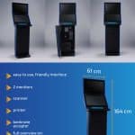 Four views of the black EasyBet 1 sports betting kiosk, featuring two monitors, scanner, printer, and banknote acceptor. Measures 164 cm tall, 61 cm wide, 51 cm deep; weighs 90 kg. Orange icons display easypay and other key features.