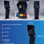 EasyBet 2 sports betting kiosk by EasyPay features two monitors, scanner, printer, and banknote acceptor. Measuring 193 cm x 65 cm x 47 cm and weighing 90 kg, it offers intuitive icons and a highlighted Back to menu button.