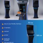 A tall, black sports betting kiosk easypay with two monitors, scanner, printer, and banknote acceptor. Dimensions: 189 cm high, 62 cm wide, 50 cm deep; weight: 90 kg. Features are displayed clearly on a blue background.