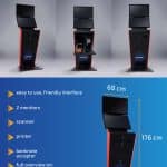 Four views of a black and red EasyBet 4 sports betting kiosk with dual monitors, printer, scanner, banknote acceptor, and easypay options. Dimensions: 176 cm tall, 68 cm wide, 50 cm deep; weight: 95 kg. Features and website listed.