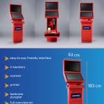 Four views of a red self-service EasyBet 7 sports betting kiosk with two monitors, printer, scanner, and banknote acceptor. Product dimensions: 183 cm tall, 63 cm wide, 46 cm deep, weight 90 kg. Easypay icons and features on a blue background.