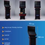 A black and red sports betting kiosk labeled EasyBet 8 is shown from several angles. Features include two monitors, scanner, printer, banknote acceptor, and easypay system. Dimensions: 183 cm tall, 63 cm wide, 46 cm deep; weight: 90 kg.