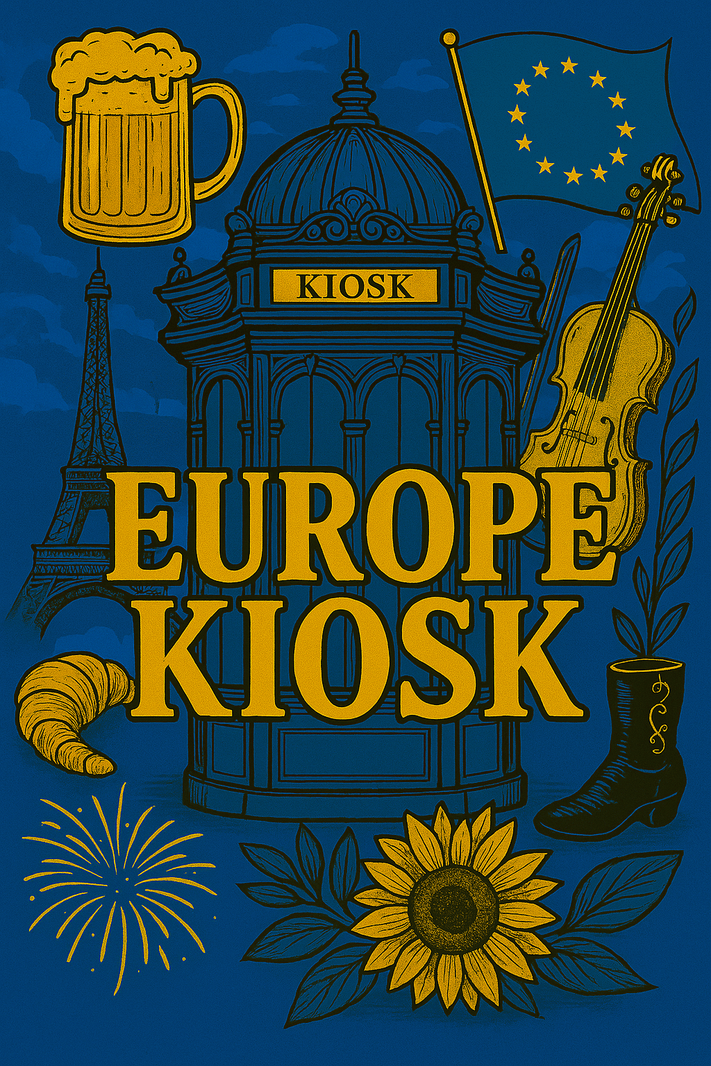 Illustration of a kiosk labeled “Europe Kiosk,” surrounded by European symbols—a beer mug, EU flag, Eiffel Tower, violin, croissant, boot, sunflower, fireworks, and decorative leaves—capturing the spirit of Europe News on a blue background.