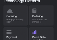 Olo Resturants and Toasttab - A digital restaurant technology platform interface featuring four options—Catering, Ordering, Payment, and Guest Data Analytics—all with icons and descriptions on a dark background. Discover the olo platform for sale to elevate your restaurant’s digital experience.