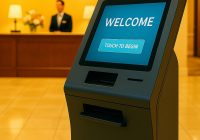 A self-service hospitality kiosk with a “WELCOME” screen stands in a hotel lobby, boosting efficiency. Behind it, a reception desk and staff member are visible, with the word HOSPITALITY in large letters on a yellow wall.