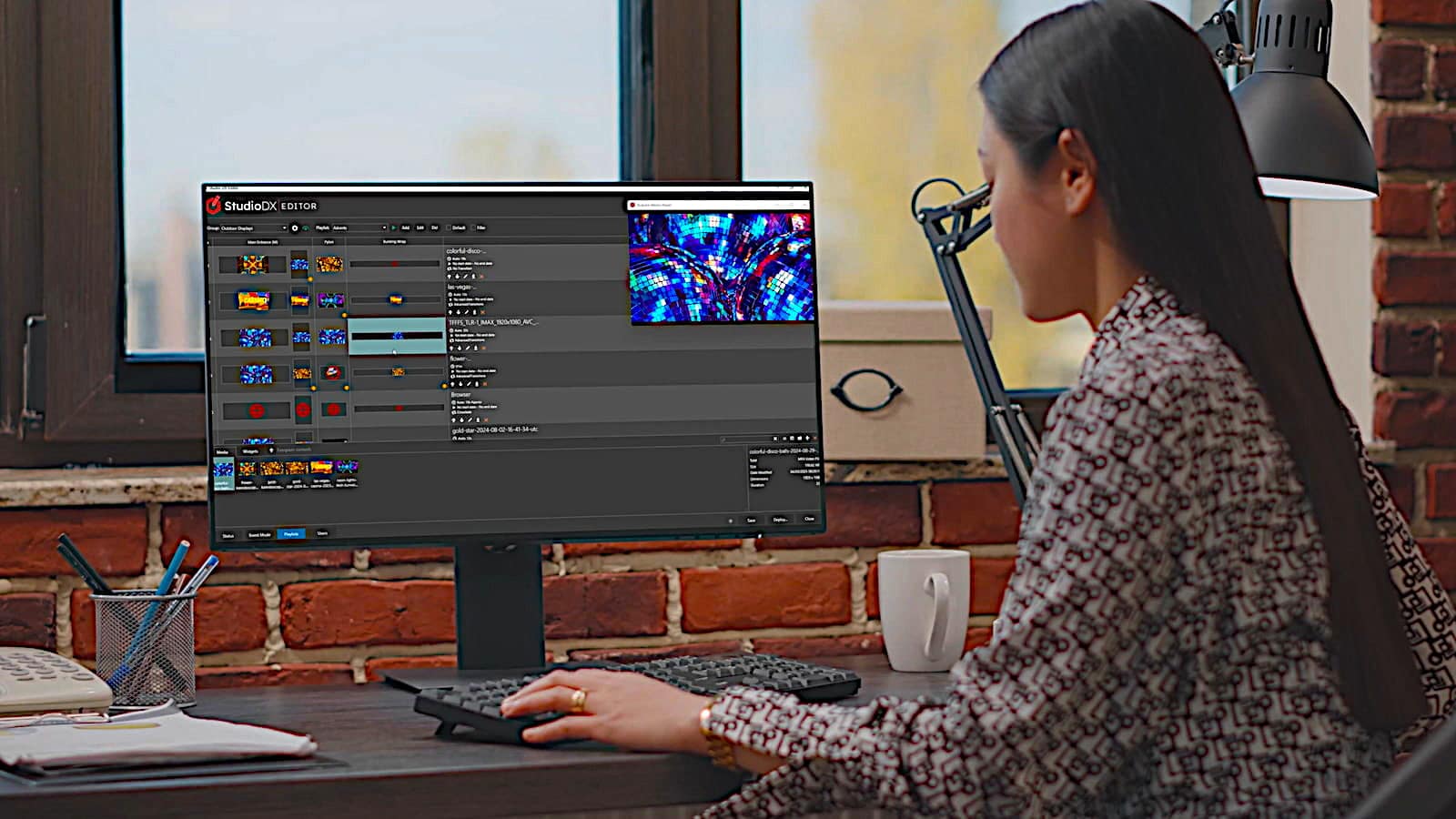 A woman sits at a desk using a desktop computer with digital signage software open on the screen, in an office with brick walls and a window, designing engaging content for a kiosk.