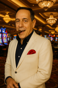 Elliot Maras A man in a cream-colored suit with a red pocket square stands in a casino, holding a large cigar and smiling. Surrounded by slot machines and chandeliers, he embodies the bold spirit of crypto in self-service luxury.