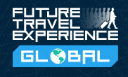 Logo for Future Travel Experience Global featuring a silhouette of people walking, one pulling a suitcase near a sleek kiosk machine, and the word GLOBAL with a globe inside the letter O on a blue background.