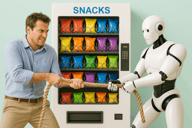 A man and a humanoid robot are having a tug-of-war with a rope in front of a vending machine kiosk filled with colorful snack bags labeled SNACKS. The man looks determined; the robot shows no emotion.