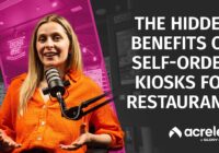 A woman in an orange shirt speaks into a microphone. Text reads: The hidden benefits of self-order kiosks and digital signage for restaurants. Acrelec and GLORY company logos appear at the bottom right. The background features a restaurant setting.
