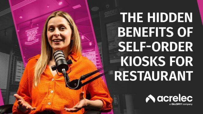 A woman in an orange shirt speaks into a microphone. Text reads: The hidden benefits of self-order kiosks and digital signage for restaurants. Acrelec and GLORY company logos appear at the bottom right. The background features a restaurant setting.