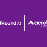 Logos of SoundHound and Acrelec partner, separated by a vertical line, on a solid purple background. Acrelec’s logo includes the text “a GLORY company” underneath.